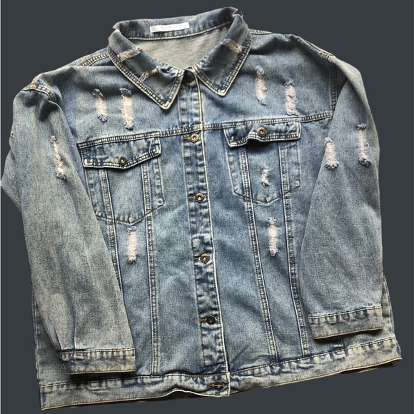 Distressed Plushe Cotton Button Down Jean Jacket - Picture 2 of 12